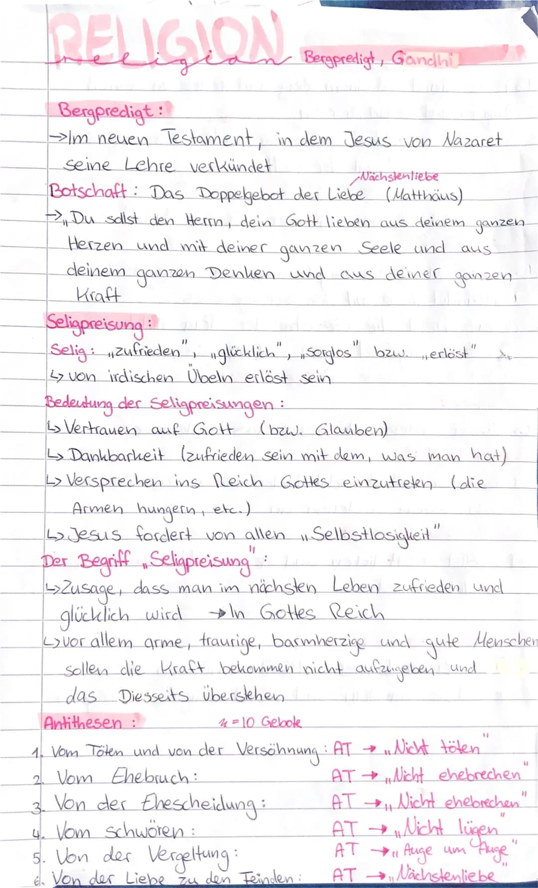RELIGION
Bergpredigt, Gandhi
Bergpredigt
→→Im neuen Testament, in dem Jesus von Nazaret
seine Lehre verkündet.
Nächstenliebe
Botschaft: Das 