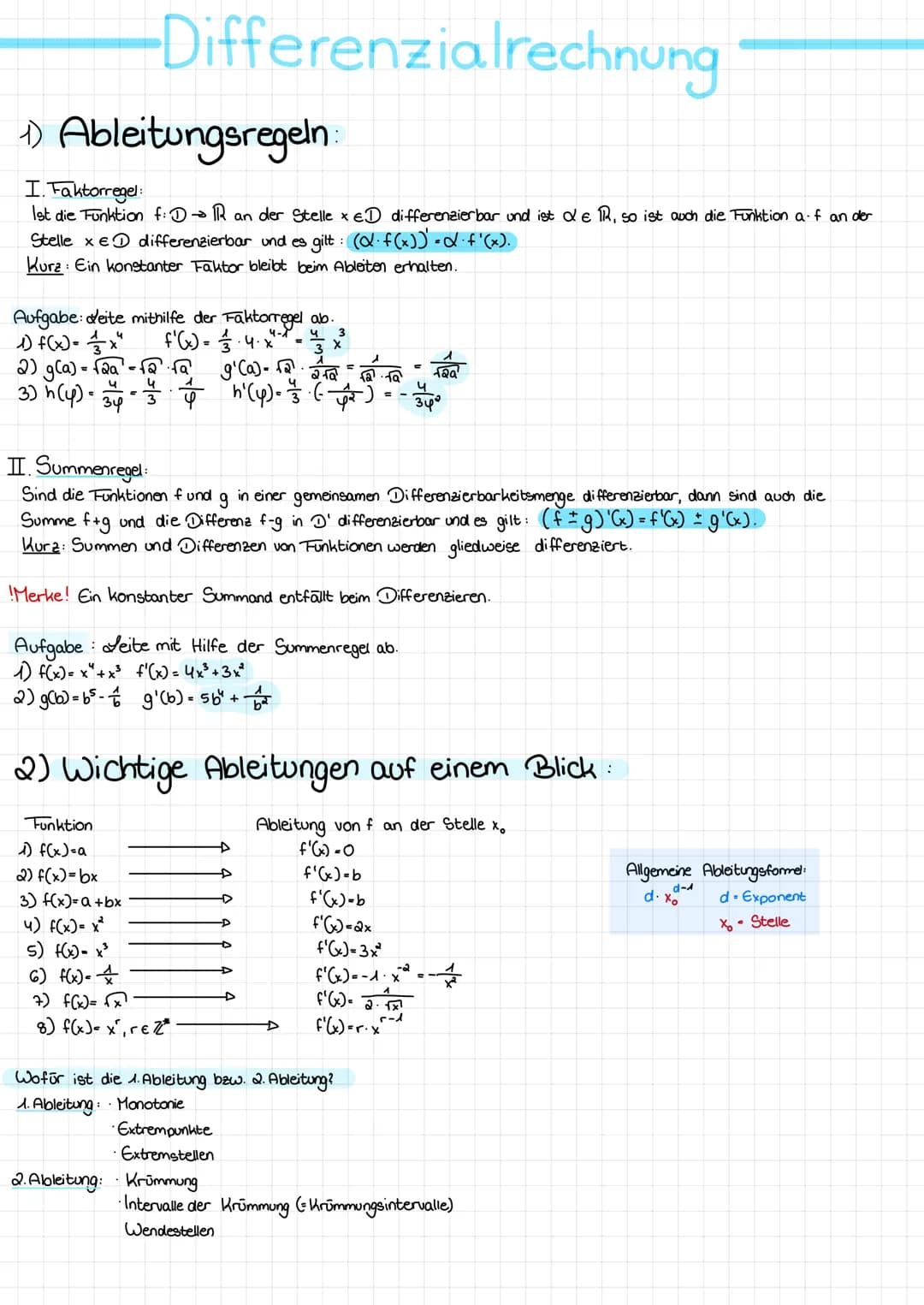 Differenzialrechnung
1) Ableitungsregeln
I. Faktorregel:
Ist die Funktion f:D → R an der Stelle x ED differenzierbar und ist de 1R, so ist a