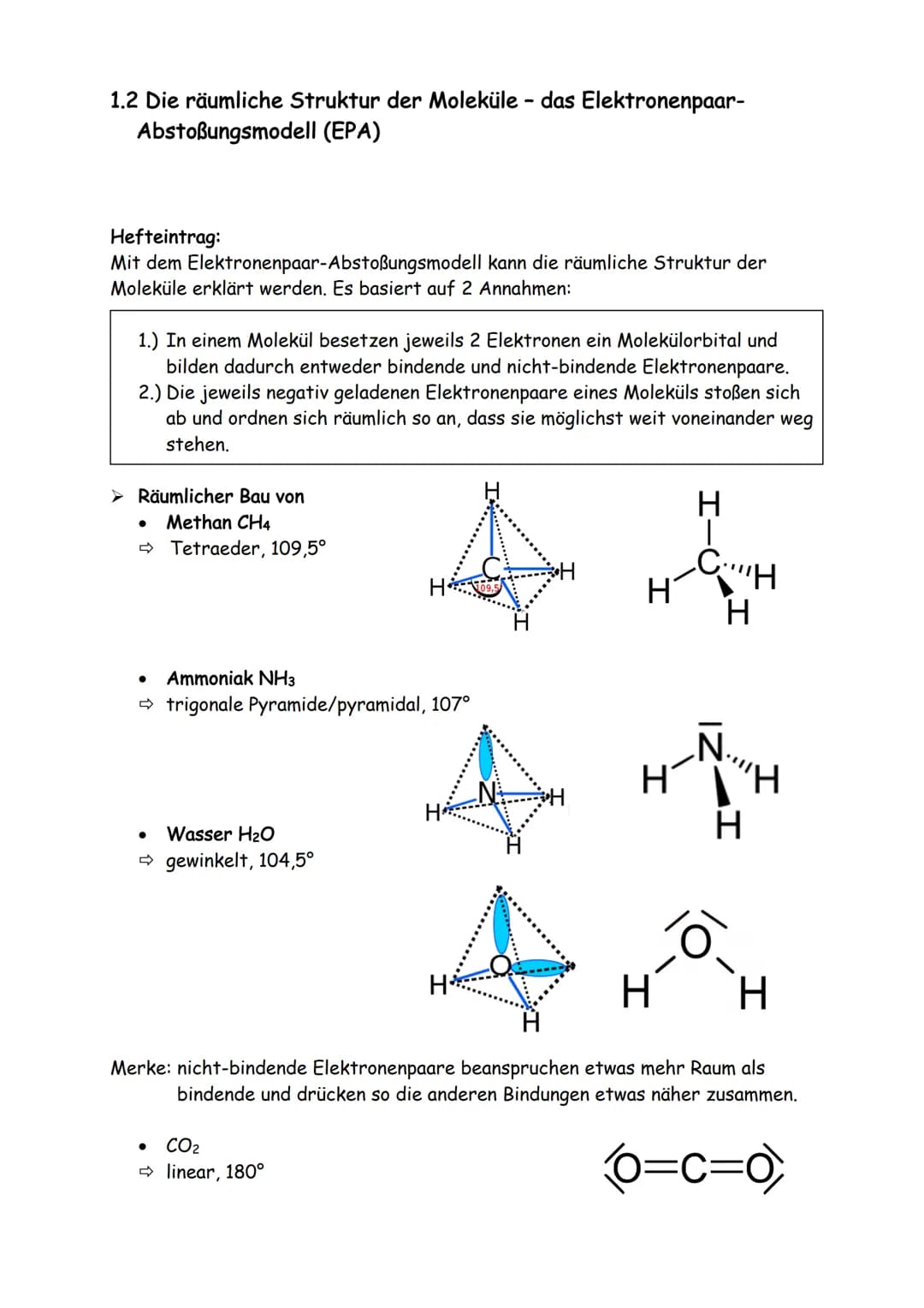 Übung zur Molekülgeometrie
1. Theorie
Die Lewisformel (=Valenzstrichformel) informiert über die Bindungsverhältnisse im Molekül, gibt jedoch