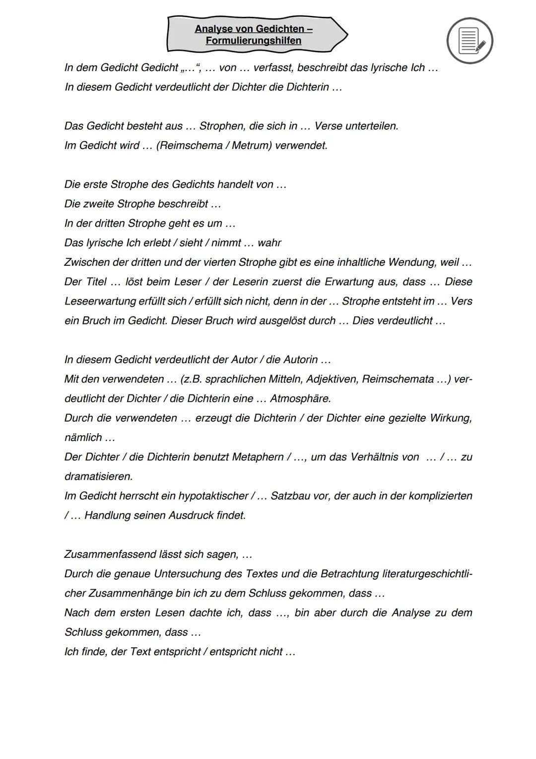 Die Vorarbeit
Text lesen und Auffälligkeiten markieren: sprachliche Besonderheiten, Bezüge
zu bereits erarbeiteten Textstellen, Deutungsansä