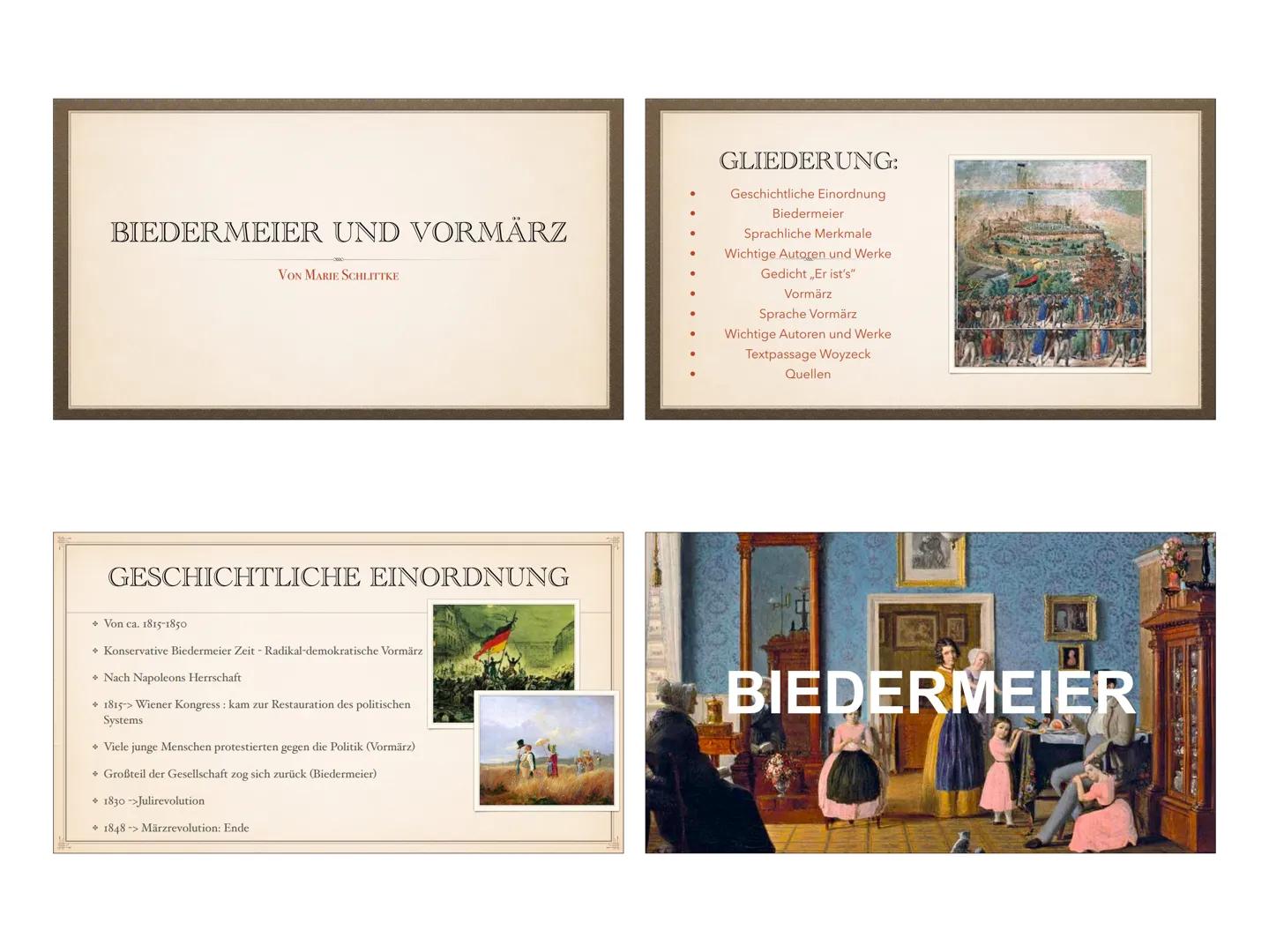 BIEDERMEIER UND VORMÄRZ
VON MARIE SCHLITTKE
GESCHICHTLICHE EINORDNUNG
+ Von ca. 1815-1850
+ Konservative Biedermeier Zeit - Radikal-demokrat