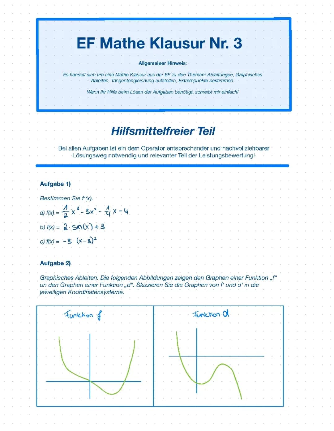 Mathe Klausur Ableitungen EF - Gymnasium NRW - Mathematik Klausur
