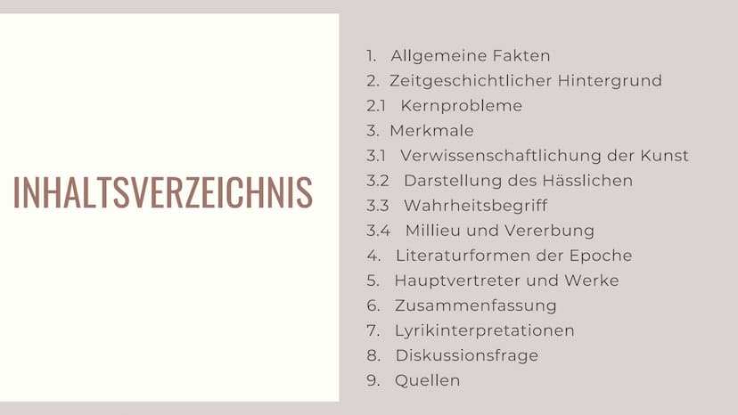 Packleiner and
Hay Beckons
Rothe
NATURALISMUS
TIO INHALTSVERZEICHNIS
1. Allgemeine Fakten
2. Zeitgeschichtlicher Hintergrund
2.1 Kernproblem