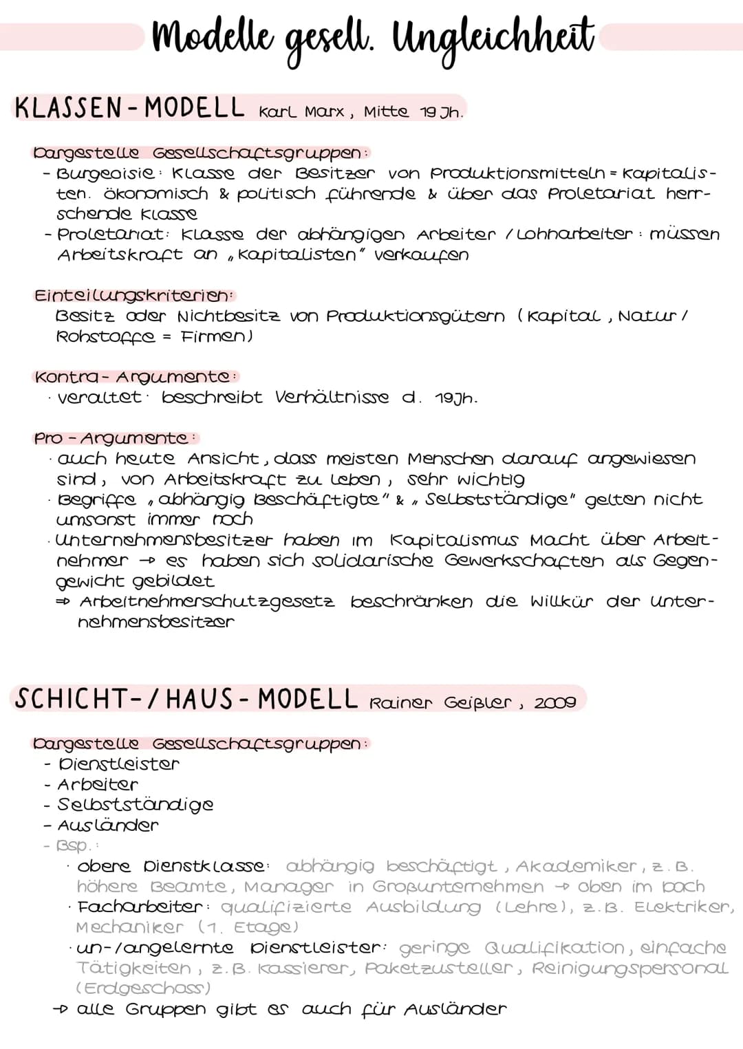 Modelle gesell. Ungleichheit
KLASSEN-MODELL Karl Marx, Mitte 19 Jh.
bargestelle Gesellschaftsgruppen:
Burgeoisie Klasse der Besitzer von Pro
