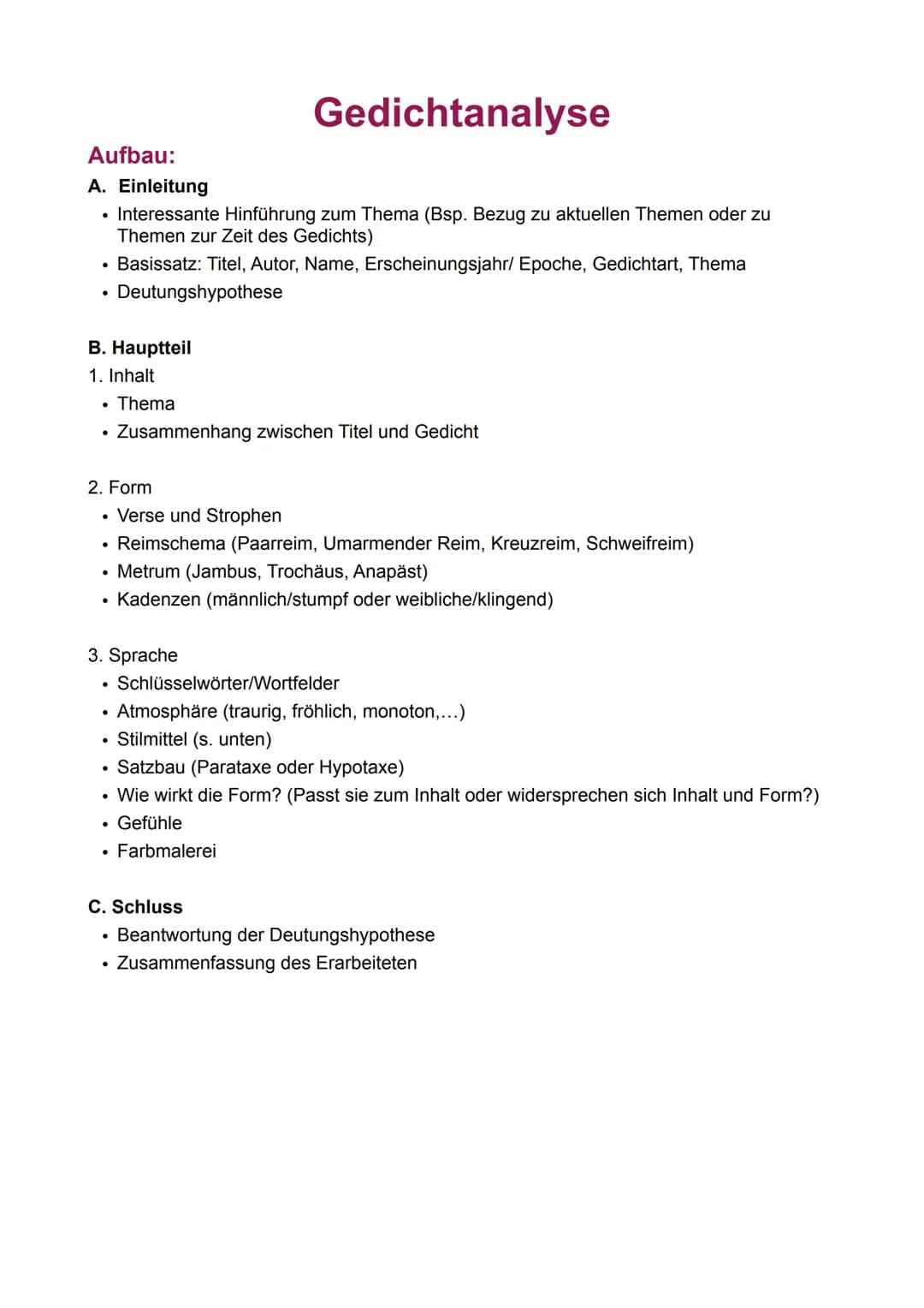 Aufbau:
A. Einleitung
• Interessante Hinführung zum Thema (Bsp. Bezug zu aktuellen Themen oder zu
Themen zur Zeit des Gedichts)
• Basissatz: