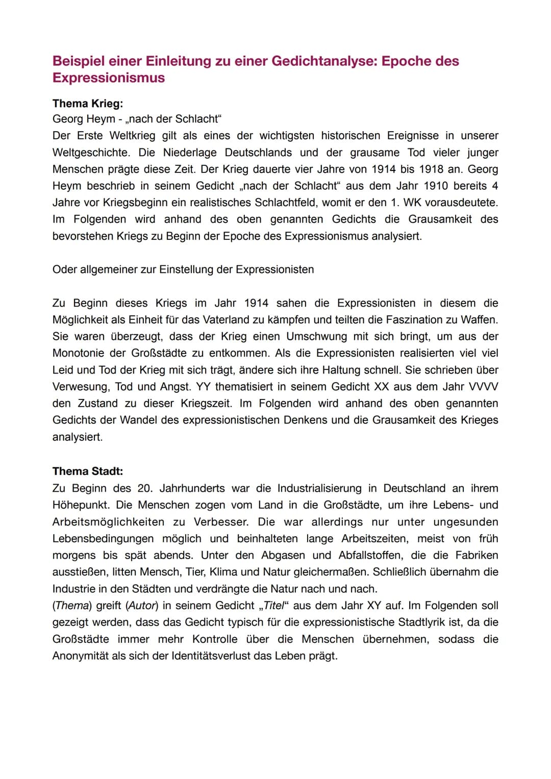 Aufbau:
A. Einleitung
• Interessante Hinführung zum Thema (Bsp. Bezug zu aktuellen Themen oder zu
Themen zur Zeit des Gedichts)
• Basissatz: