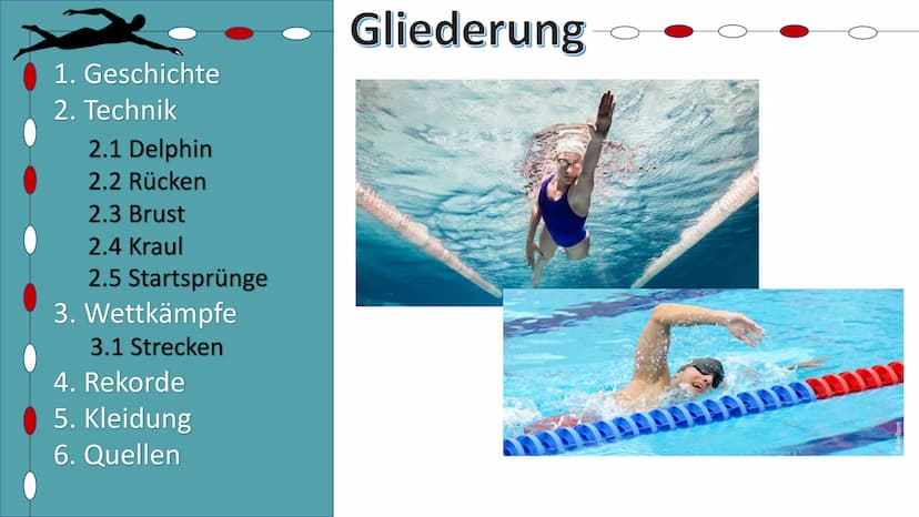 Schwimmen
Helena Kuntzsch 2021 1. Geschichte
2. Technik
2.1 Delphin
2.2 Rücken
2.3 Brust
2.4 Kraul
2.5 Startsprünge
3. Wettkämpfe
3.1 Streck