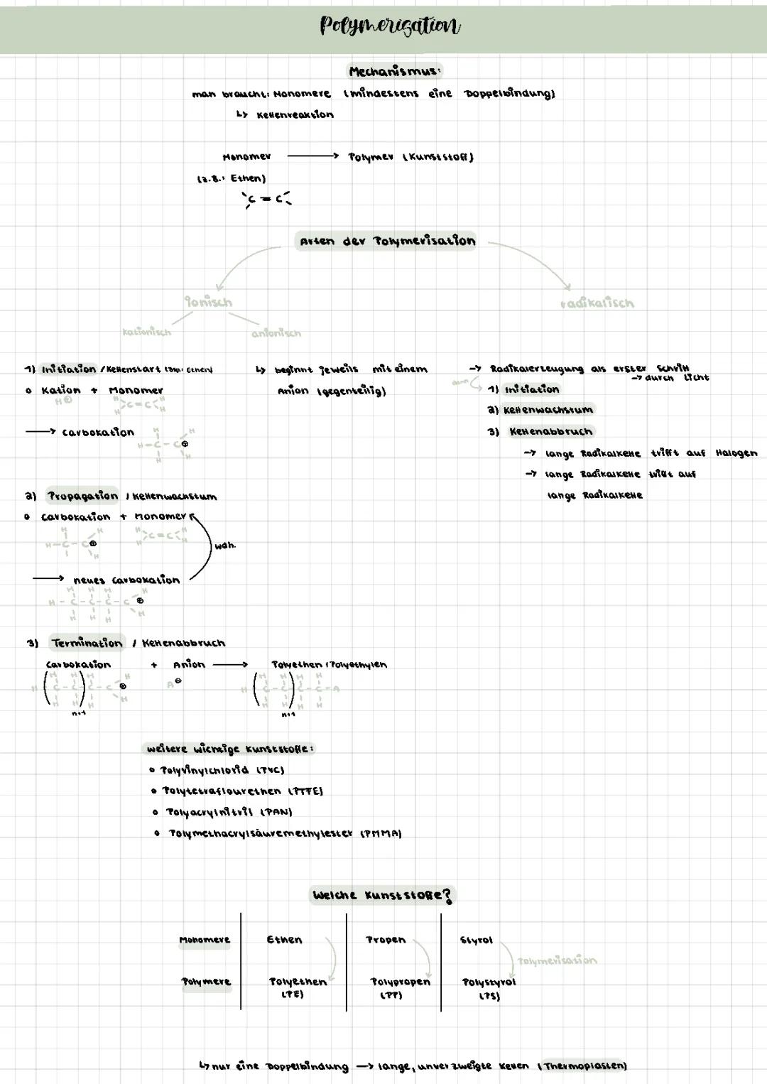 Kunststoffe und Polymerisation einfach erklärt: Kationische und Radikalische Beispiele