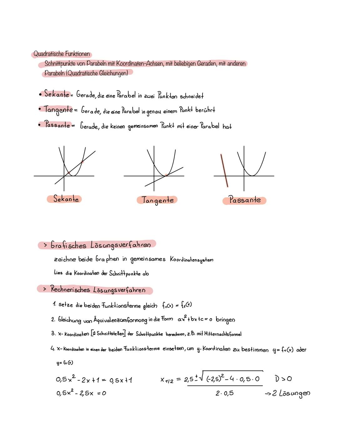 Quadratische Funktionen
Schnittpunkte von Parabeln mit Koordinaten-Achsen, mit beliebigen Geraden, mit anderen
Parabeln (Quadratische Gleich