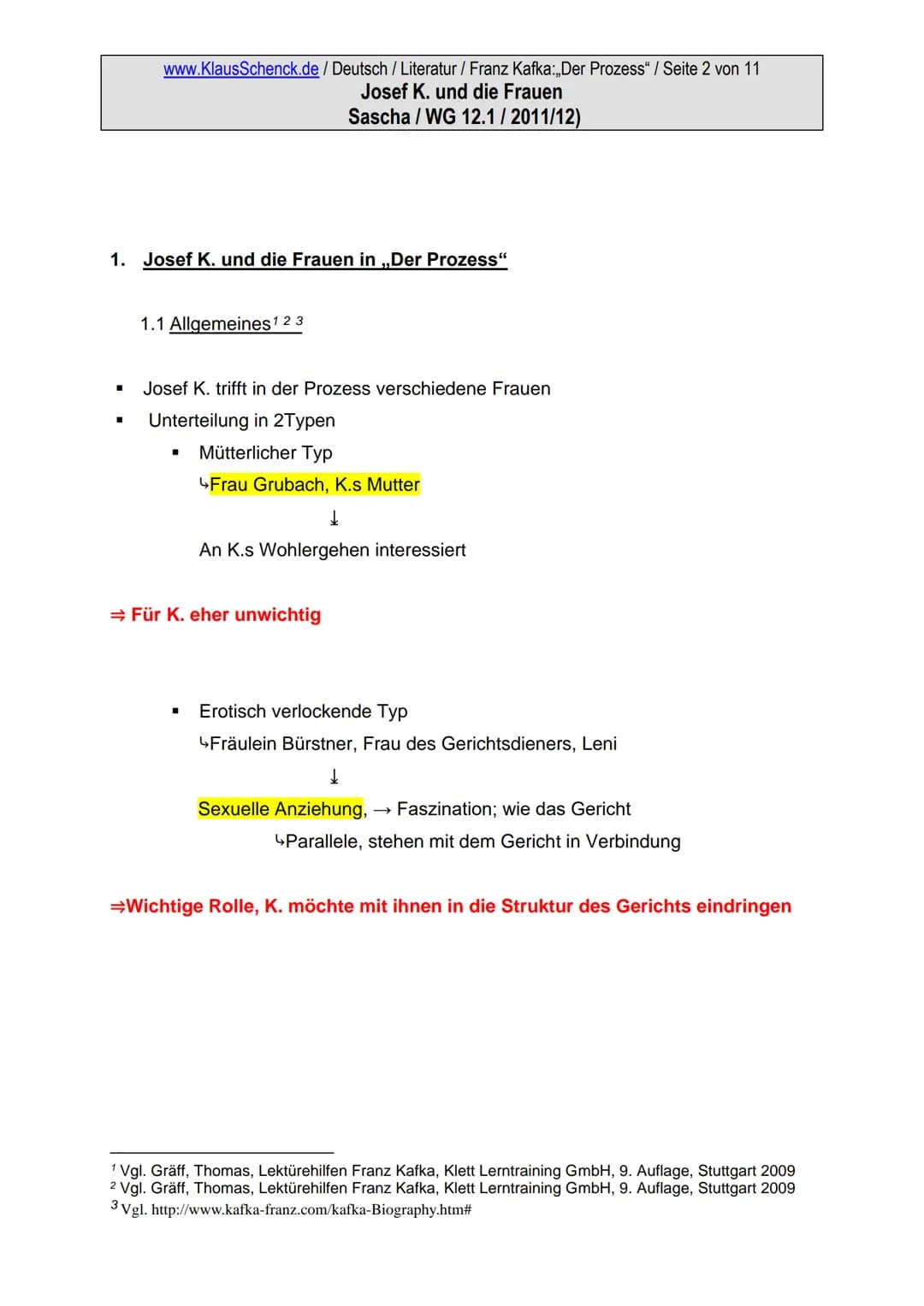 www.KlausSchenck.de / Deutsch / Literatur / Franz Kafka:,,Der Prozess" / Seite 1 von 11
Josef K. und die Frauen
Sascha/WG 12.1/2011/12)
1. J