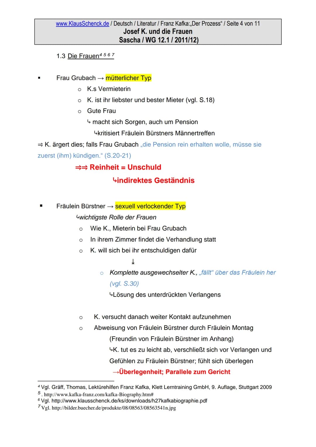 www.KlausSchenck.de / Deutsch / Literatur / Franz Kafka:,,Der Prozess" / Seite 1 von 11
Josef K. und die Frauen
Sascha/WG 12.1/2011/12)
1. J