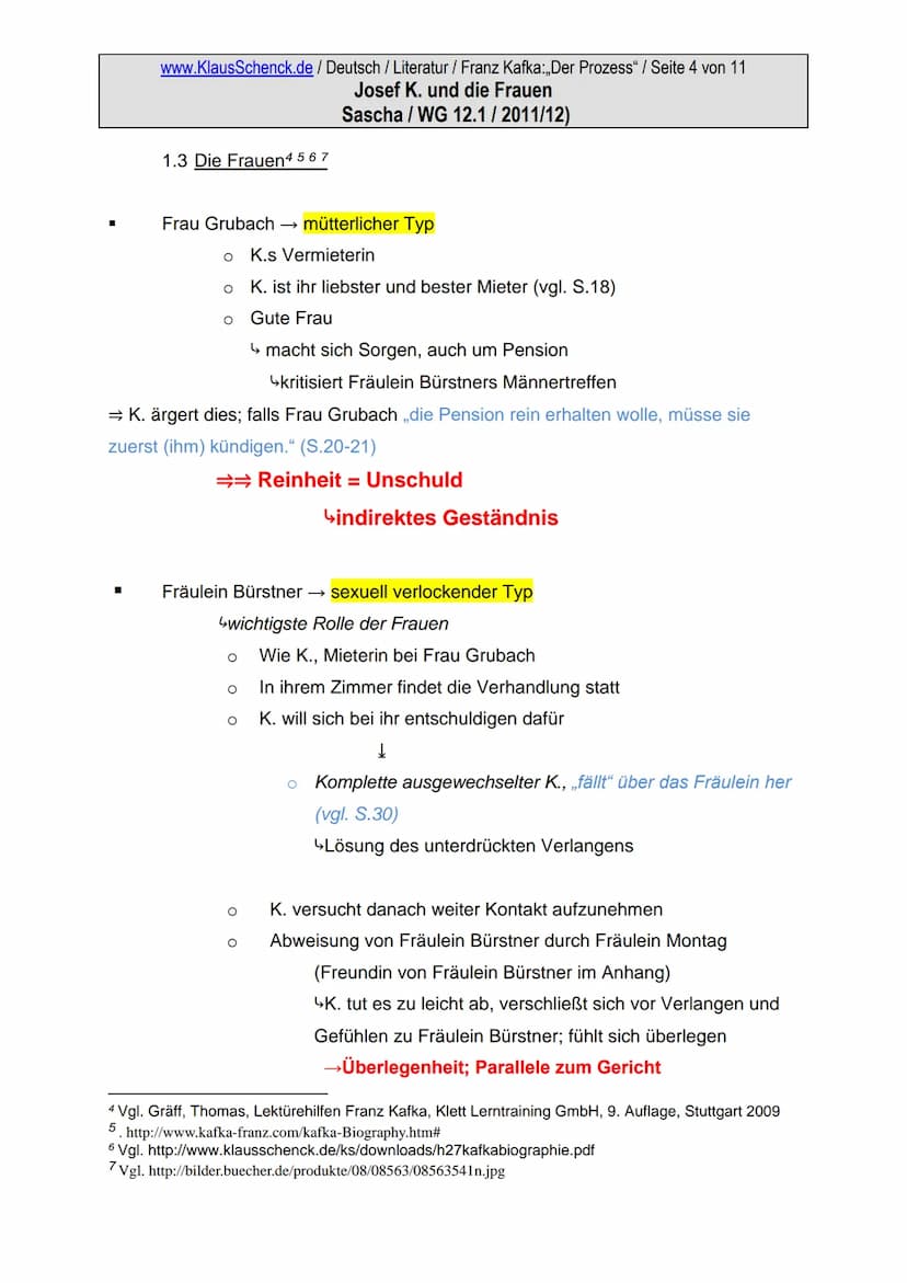 www.KlausSchenck.de / Deutsch / Literatur / Franz Kafka:,,Der Prozess" / Seite 1 von 11
Josef K. und die Frauen
Sascha/WG 12.1/2011/12)
1. J