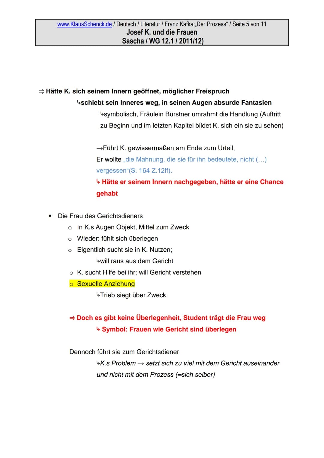 www.KlausSchenck.de / Deutsch / Literatur / Franz Kafka:,,Der Prozess" / Seite 1 von 11
Josef K. und die Frauen
Sascha/WG 12.1/2011/12)
1. J