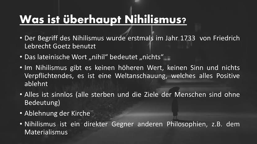Nihilismus
{Im Bezug zu Woyzeck} Aufbau unseres Referates
• Was ist überhaupt Nihilismus?
●
●
●
An was glauben Nihilisten?
Nihilismus im Bez