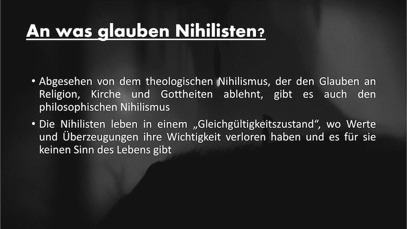 Nihilismus
{Im Bezug zu Woyzeck} Aufbau unseres Referates
• Was ist überhaupt Nihilismus?
●
●
●
An was glauben Nihilisten?
Nihilismus im Bez