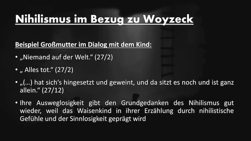 Nihilismus
{Im Bezug zu Woyzeck} Aufbau unseres Referates
• Was ist überhaupt Nihilismus?
●
●
●
An was glauben Nihilisten?
Nihilismus im Bez