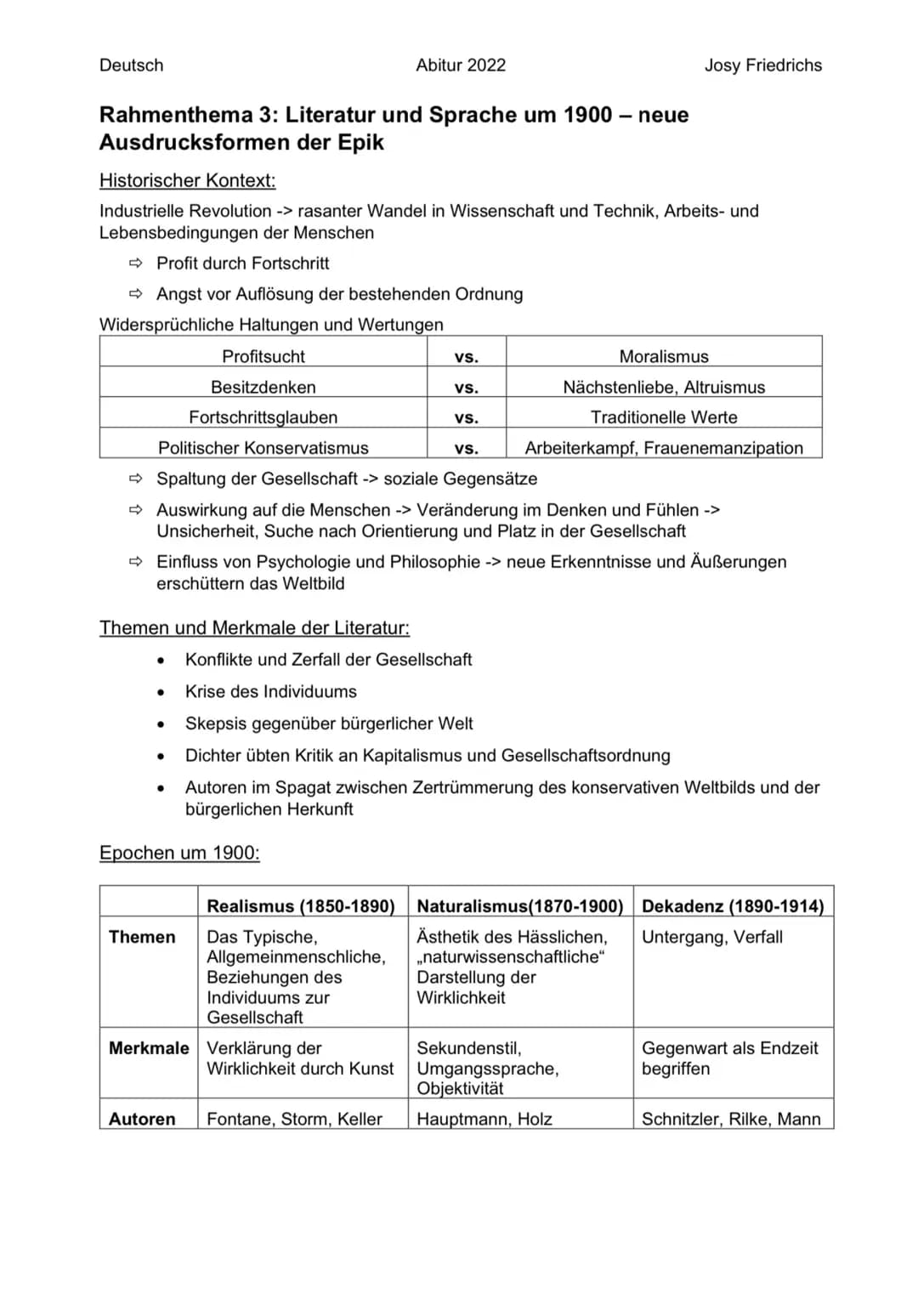 Deutsch
Rahmenthema 3: Literatur und Sprache um 1900 - neue
Ausdrucksformen der Epik
Historischer Kontext:
Industrielle Revolution -> rasant