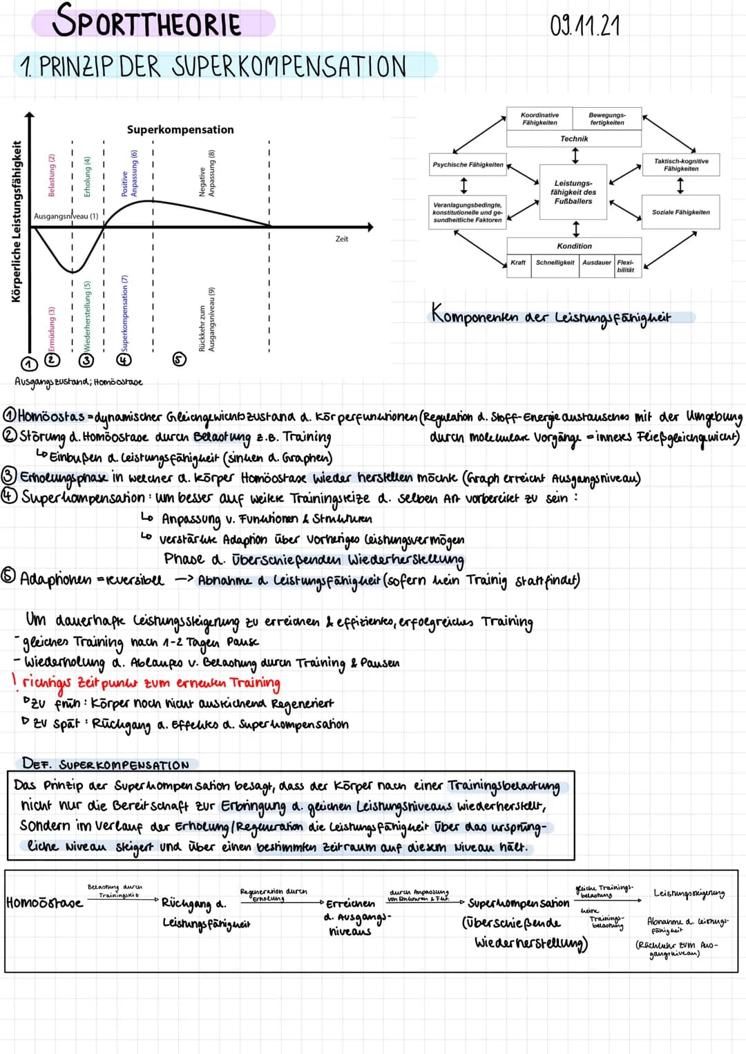 SPORTTHEORIE
1. PRINZIP DER SUPERKOMPENSATION
Körperliche Leistungsfähigkeit
Belastung (2)
Ausgangsniveau (1)
Superkompensation
Positive
Anp
