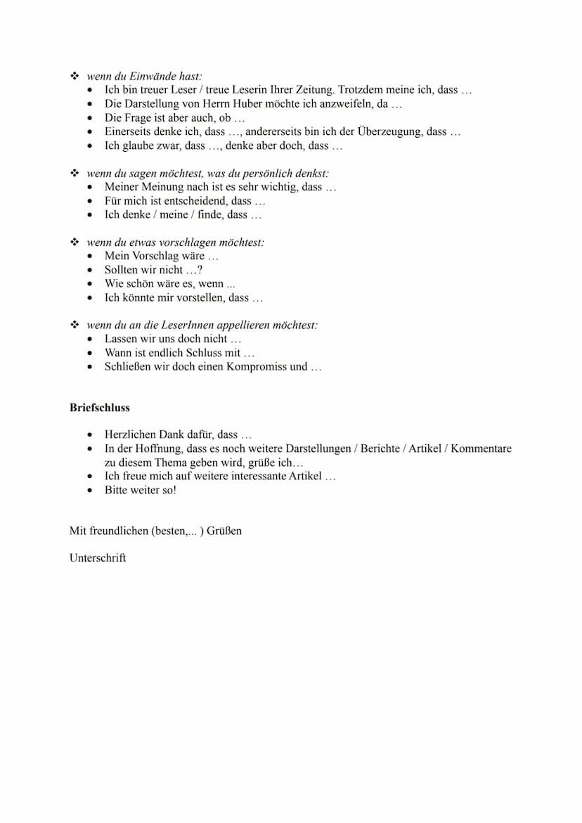 Es gibt zwei Arten von Leserbriefen:
den ,,appellativen Leserbrief"
Er prangert meist einen Missstand an (= Ist-Stand) und macht Vorschläge,