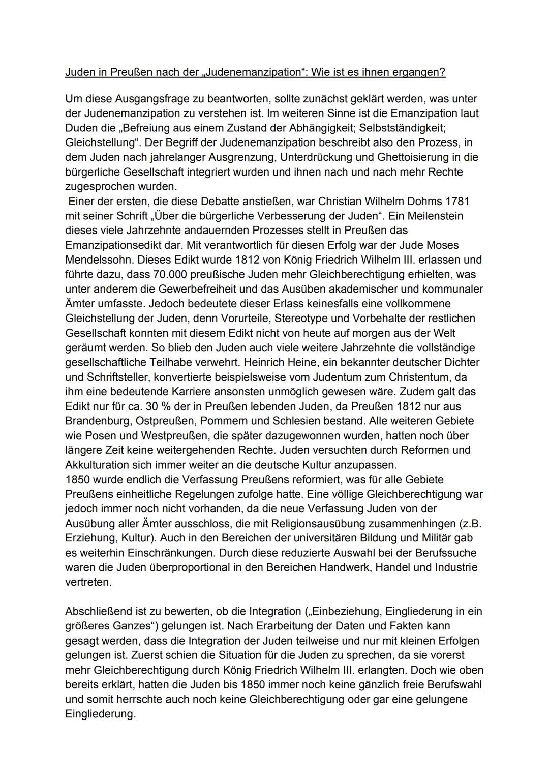 Juden in Preußen nach der „Judenemanzipation": Wie ist es ihnen ergangen?

Um diese Ausgangsfrage zu beantworten, sollte zunächst geklärt we