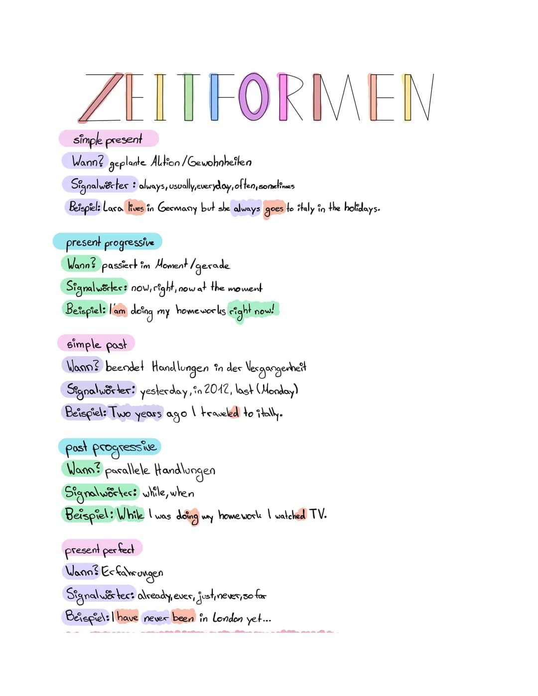 ZEITFORMEN
simple present
Wann? geplante Aktion/Gewohnheiten
Signalwerter: always, usually, everyday, often, sometimes
Beispiel: Lara lives 