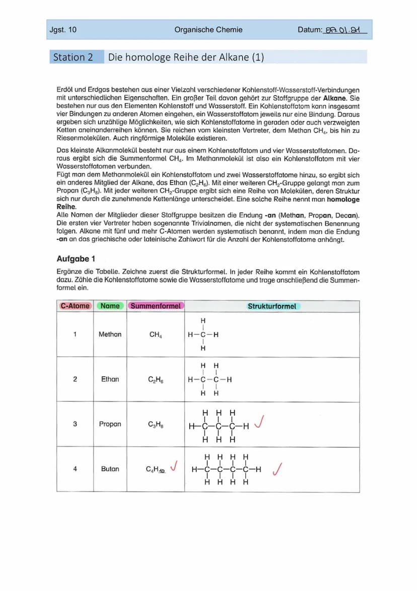 Jgst. 10
Organische Chemie
Station 1 Methan - ein Gas, viele Namen (1)
Methan (CH4) ist der einfachste Kohlenwasserstoff. Es ist ein farblos