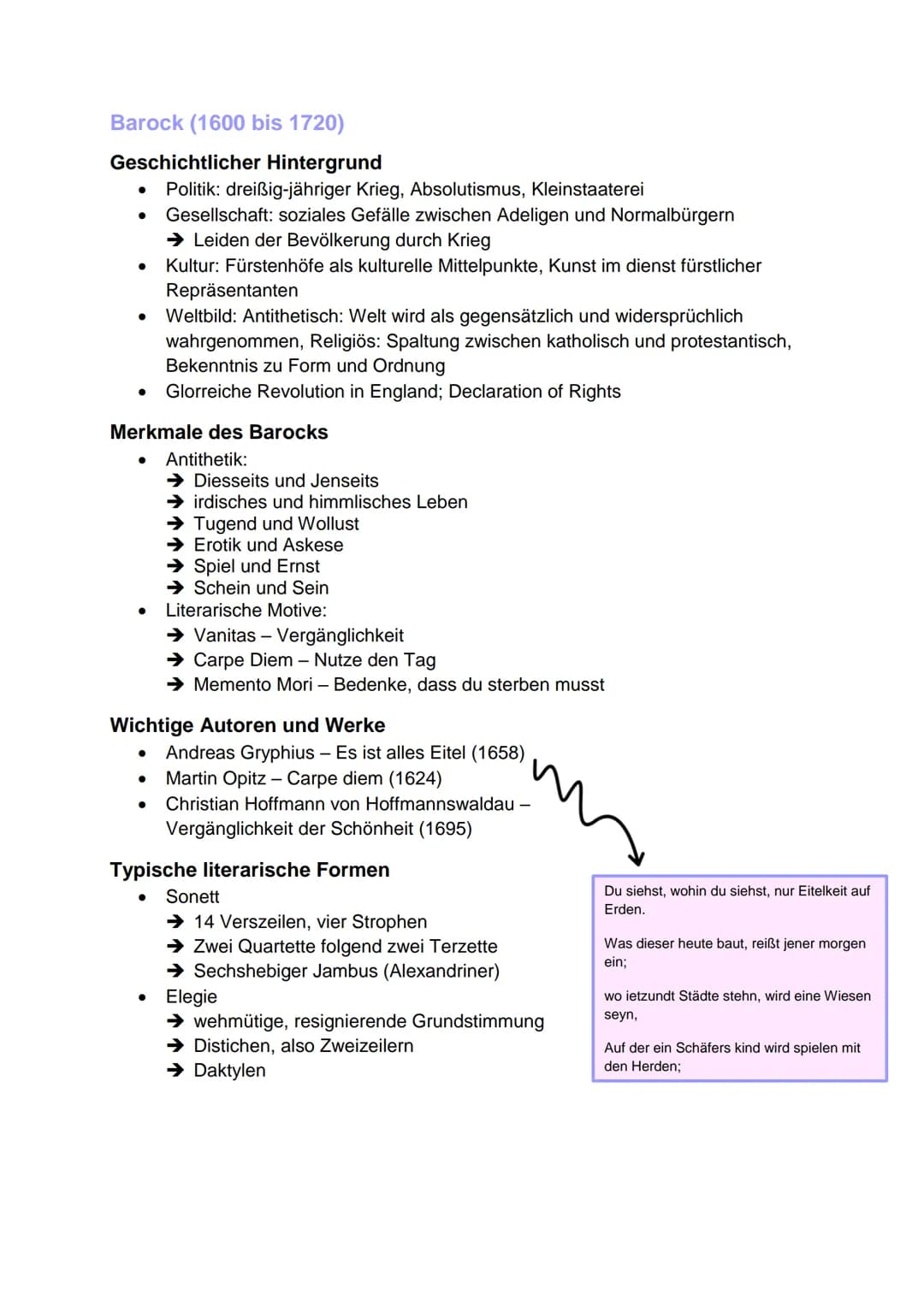 Lyrik Inhalt
Barock (1600 bis 1720)..
Geschichtlicher Hintergrund.
Merkmale des Barocks.......
Wichtige Autoren und Werke
Typische literaris