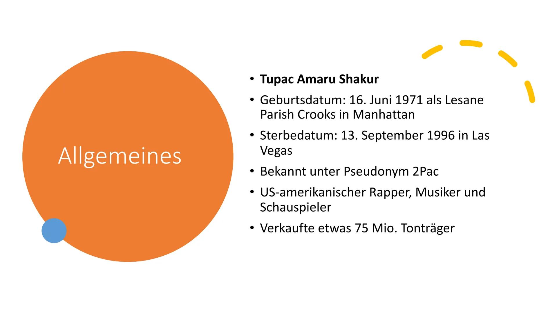 
<h2 id="allgemeines">Allgemeines</h2>
<p>Tupac Amaru Shakur wurde am 16. Juni 1971 als Lesane Parish Crooks in Manhattan geboren. Er starb 