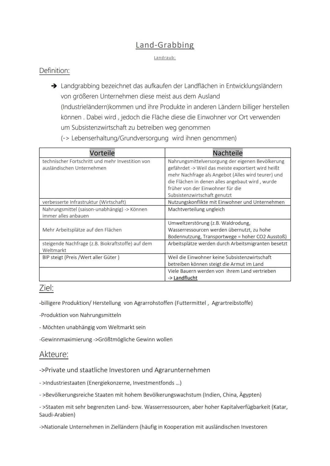 Definition:
Land-Grabbing
→ Landgrabbing bezeichnet das aufkaufen der Landflächen in Entwicklungsländern
von größeren Unternehmen diese meis