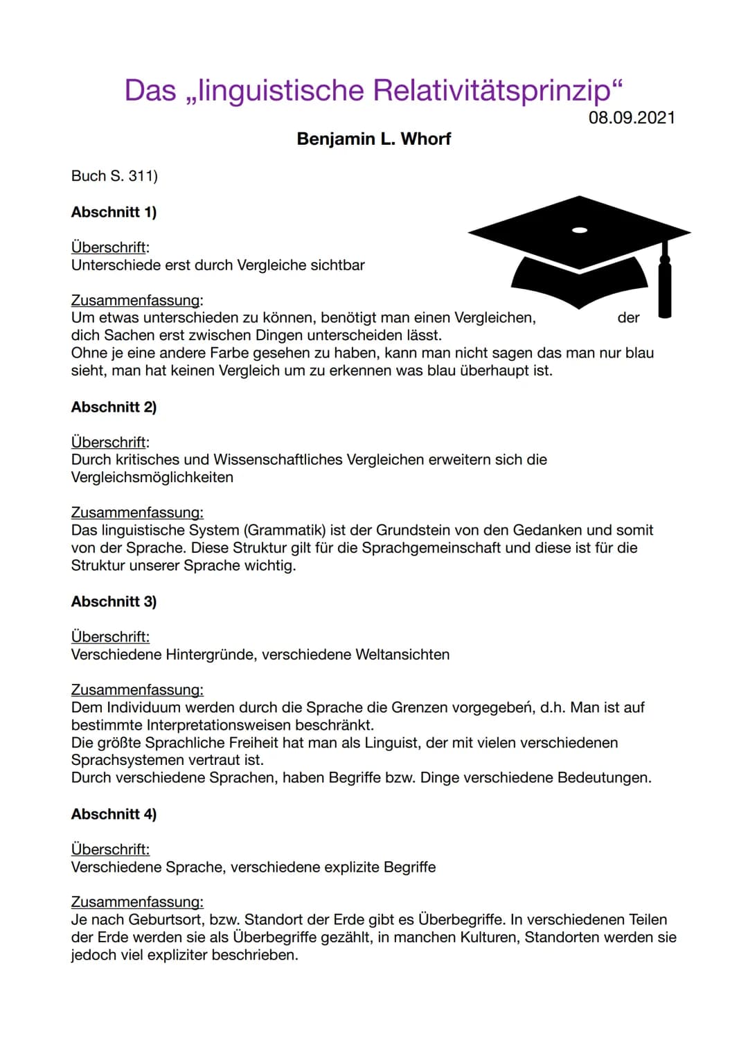 Das linguistische Relativitätsprinzip"
Benjamin L. Whorf
Buch S. 311)
Abschnitt 1)
Überschrift:
Unterschiede erst durch Vergleiche sichtbar
