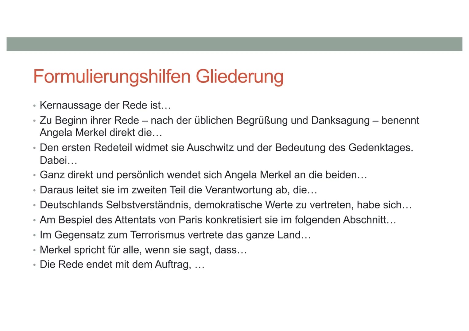 REDEANALYSE VERFASSEN Einleitung
Anlass, Redner,
Zeit, Ort, Publikum,
Thema
●
●
Hauptteil
Aufbau der Rede: Gliederung, Redeabschnitte, kurze