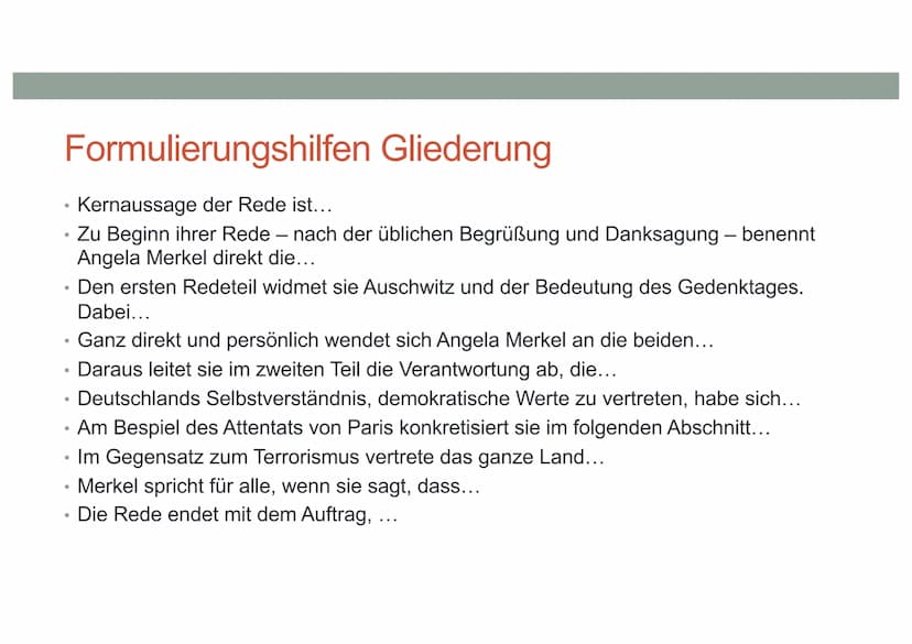 REDEANALYSE VERFASSEN Einleitung
Anlass, Redner,
Zeit, Ort, Publikum,
Thema
●
●
Hauptteil
Aufbau der Rede: Gliederung, Redeabschnitte, kurze