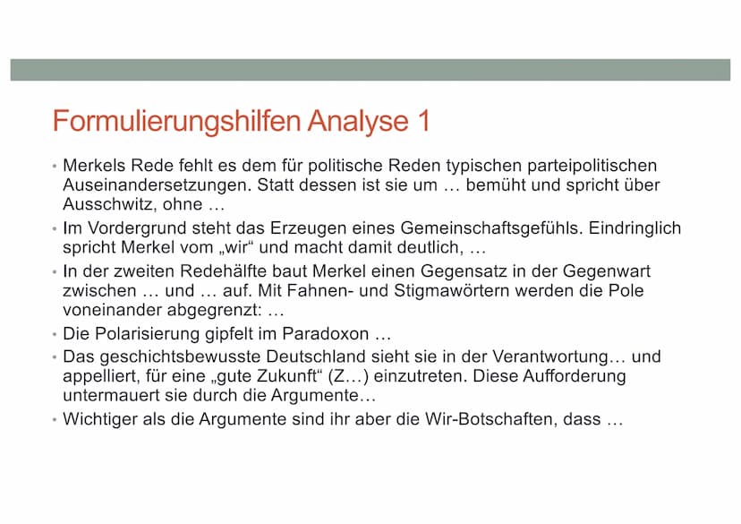 REDEANALYSE VERFASSEN Einleitung
Anlass, Redner,
Zeit, Ort, Publikum,
Thema
●
●
Hauptteil
Aufbau der Rede: Gliederung, Redeabschnitte, kurze