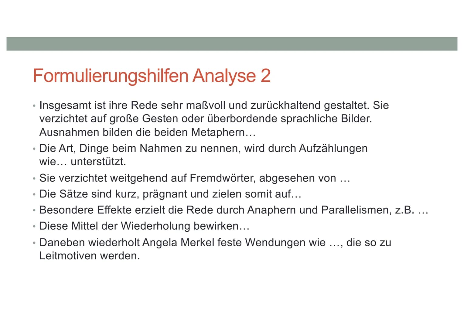 REDEANALYSE VERFASSEN Einleitung
Anlass, Redner,
Zeit, Ort, Publikum,
Thema
●
●
Hauptteil
Aufbau der Rede: Gliederung, Redeabschnitte, kurze