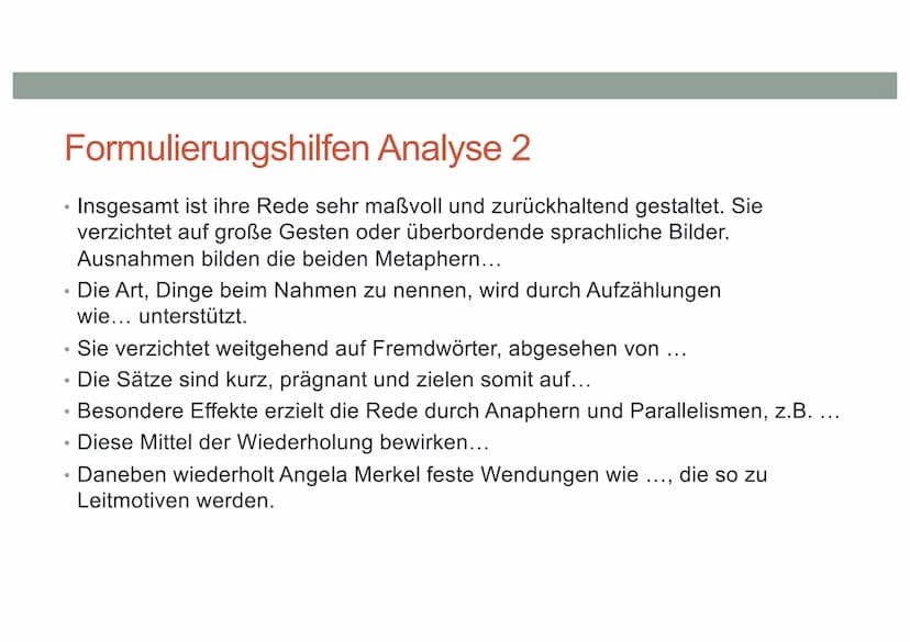 REDEANALYSE VERFASSEN Einleitung
Anlass, Redner,
Zeit, Ort, Publikum,
Thema
●
●
Hauptteil
Aufbau der Rede: Gliederung, Redeabschnitte, kurze