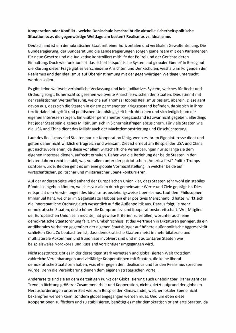Theorie
Internationale Sicherheits- und Friedenspolitik
In der Klausur werden Sie eine Position einer oder mehrerer Denkschulen der internat