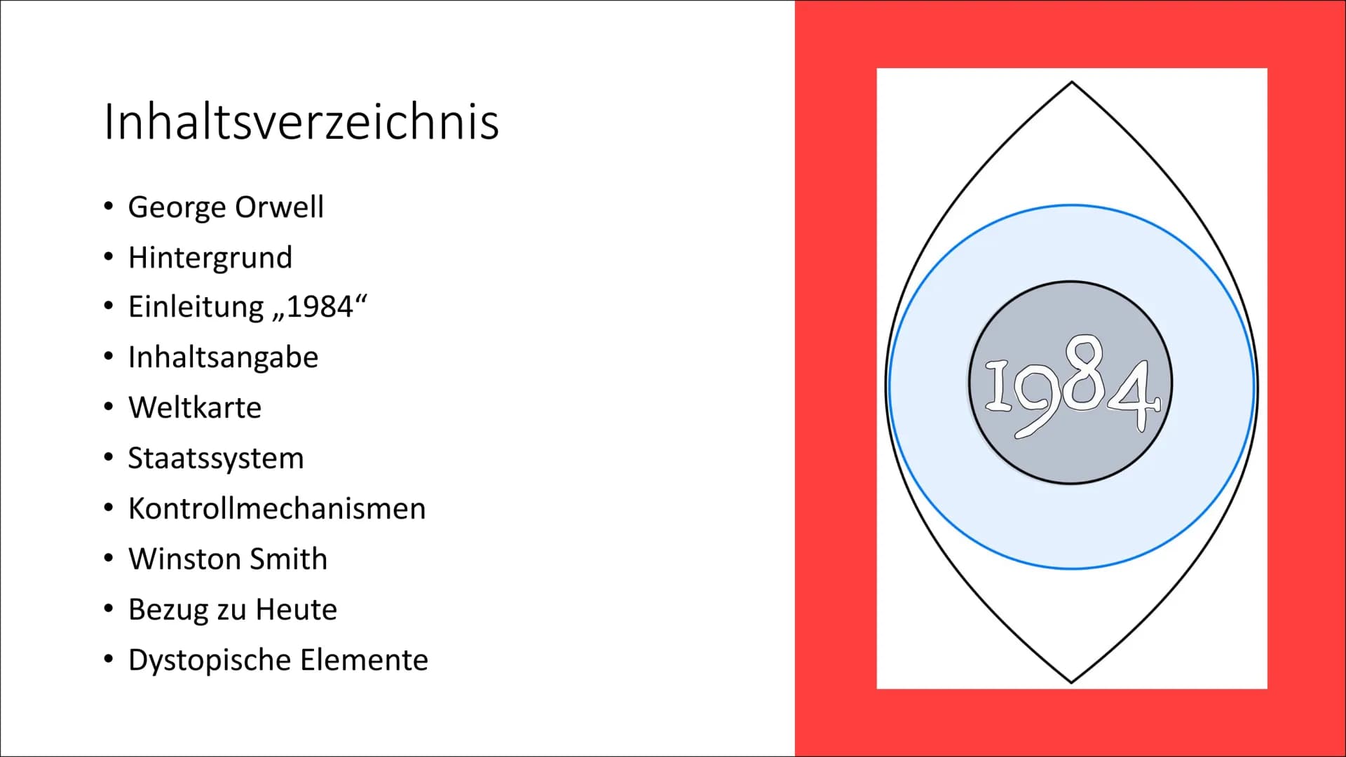 1984
George Orwell Inhaltsverzeichnis
George Orwell
Hintergrund
Einleitung ,,1984"
Inhaltsangabe
●
●
●
• Weltkarte
●
●
●
●
●
Staatssystem
Ko