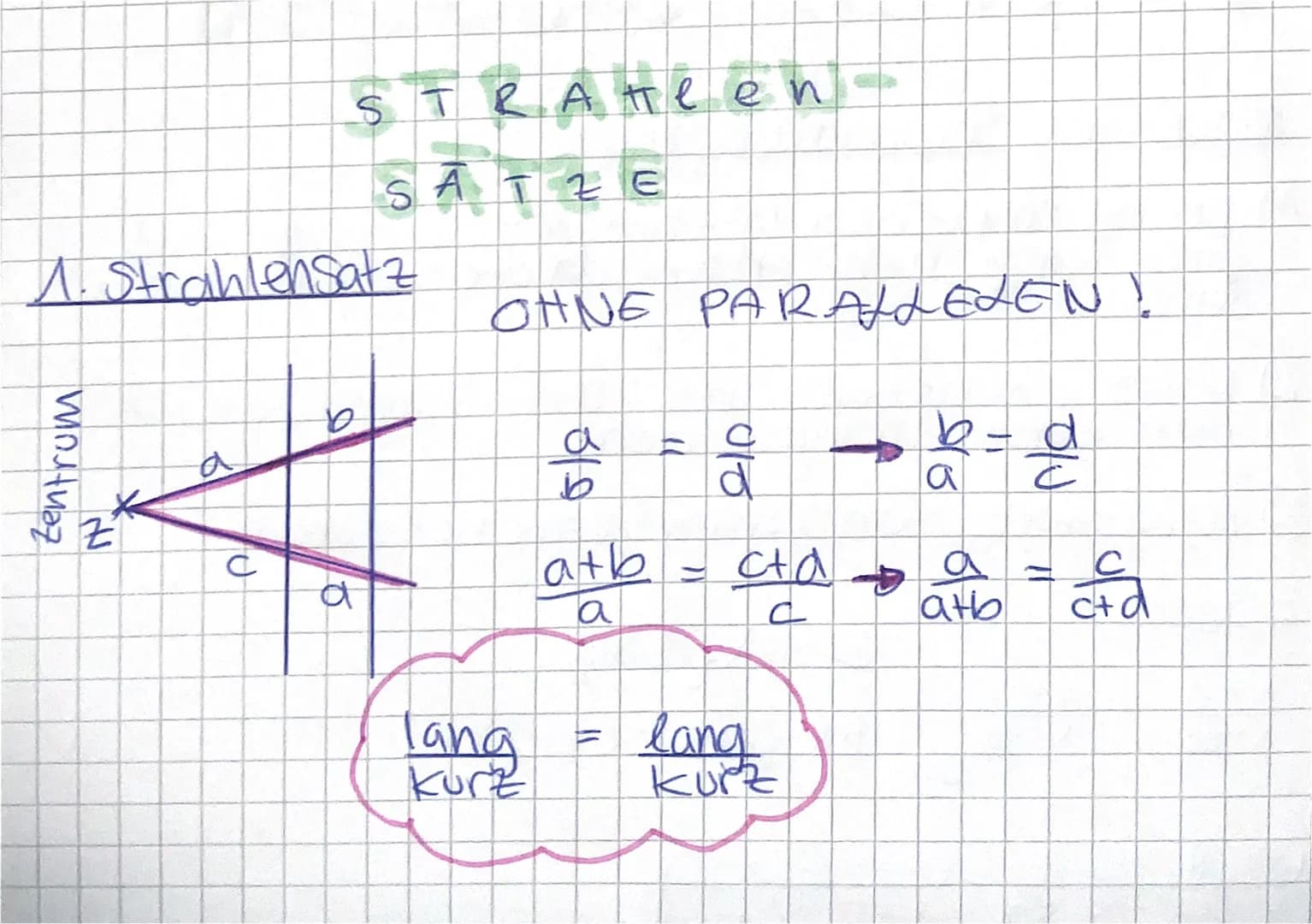 Zentrum
STRAFTlen.
1. Strahlensatz
H
D
SATZE
a
OHNE PARALLELEN
Tang
kurz
810
ать
a
010
с
d
C+d
c
= lang
kurz
D
b = d
Ĉ
atb
c+d L
2 Strahlens