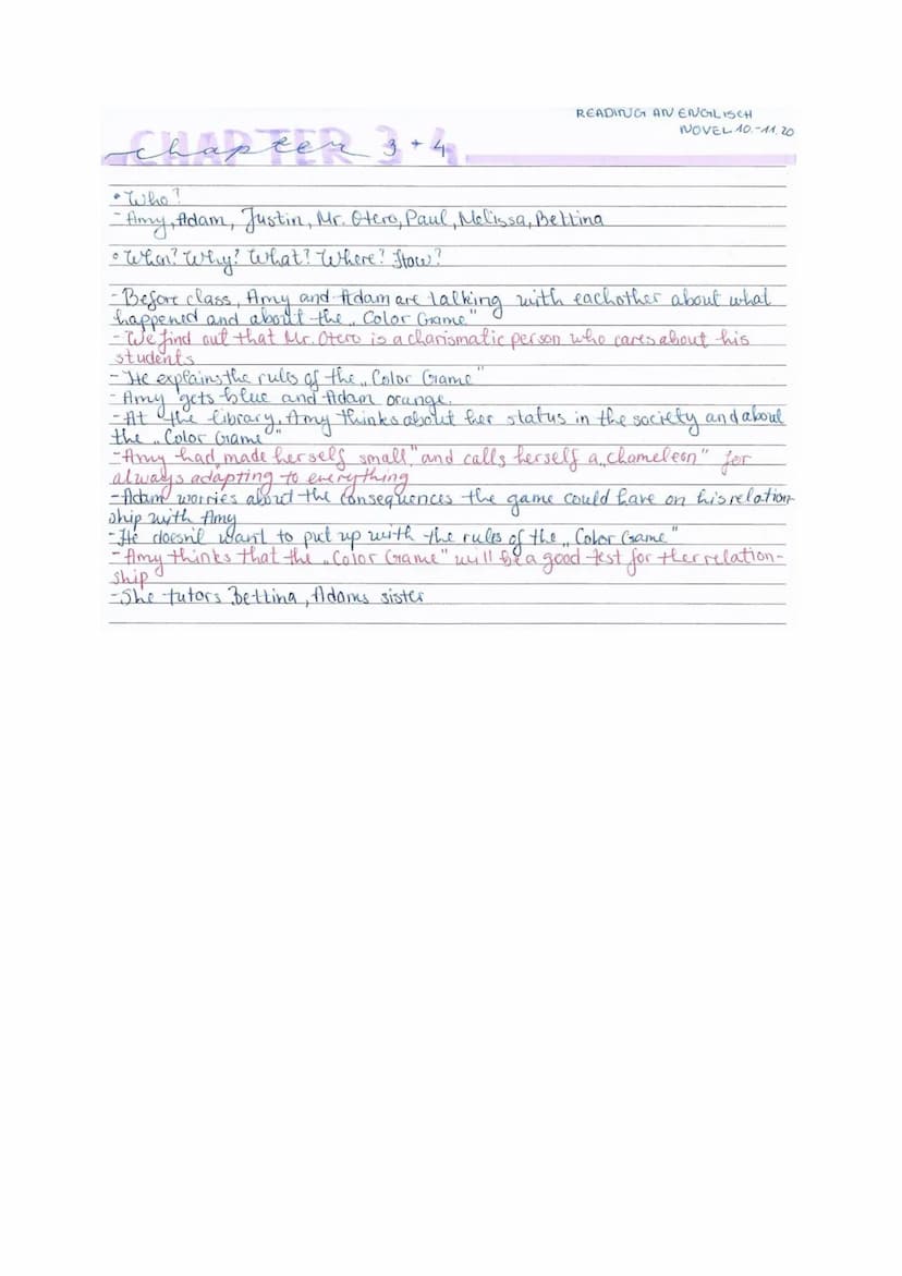 READING AN ENGLISCH NOVEL 10-11.20
chapten 1+2,
Who?
- Amy and her parents, her boyfriend Adam, her old friends and Adams
friends, Adam's mo