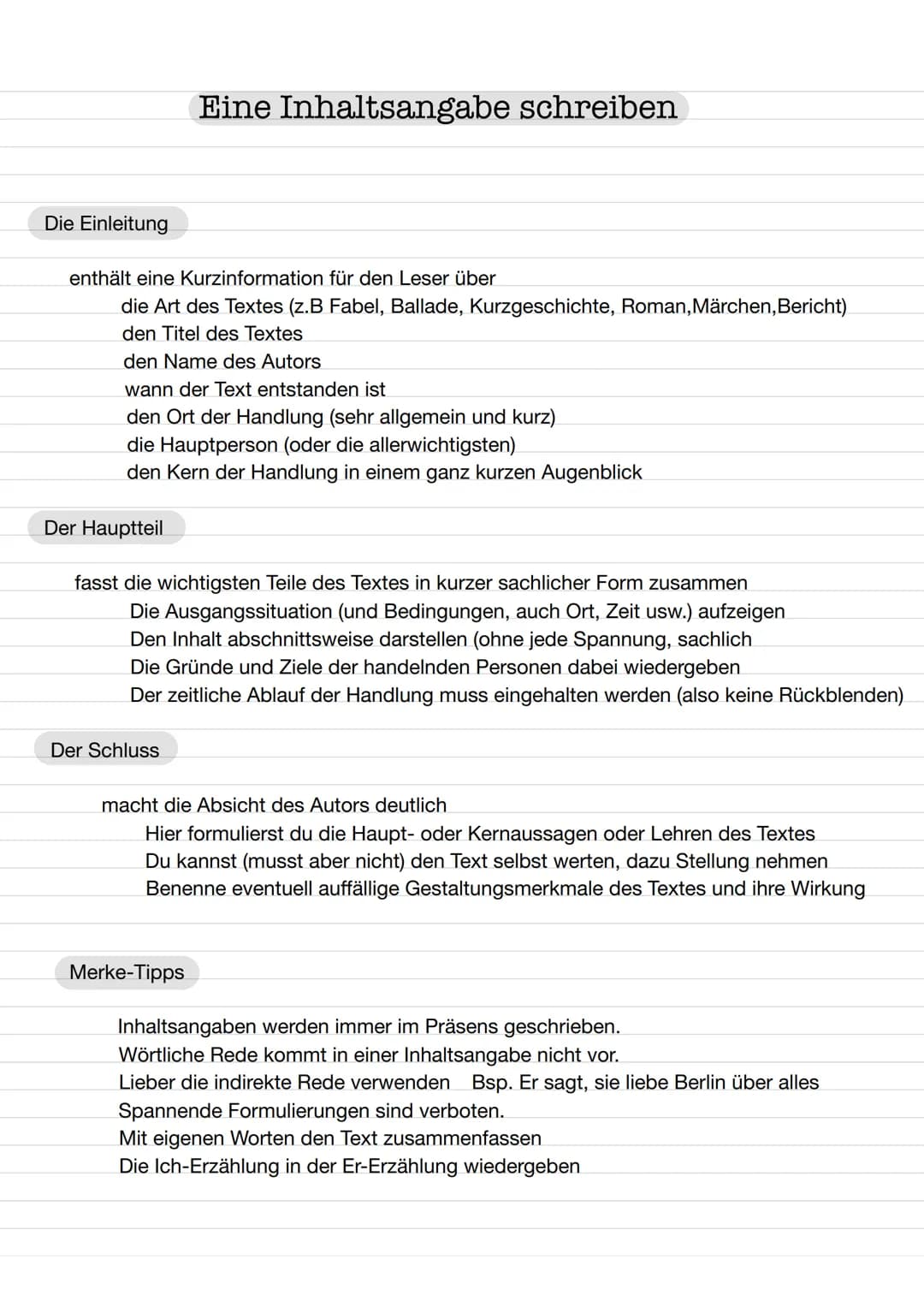 Die Einleitung
enthält eine Kurzinformation für den Leser über
die Art des Textes (z.B Fabel, Ballade, Kurzgeschichte, Roman, Märchen, Beric