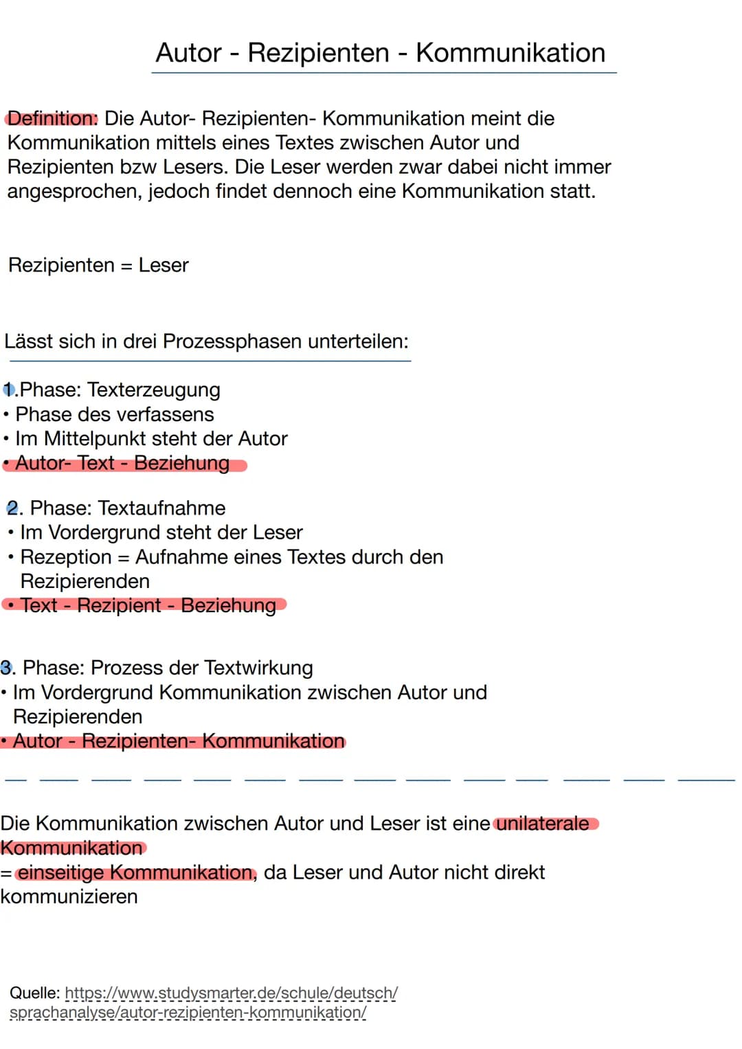 Autor - Rezipienten - Kommunikation
Definition: Die Autor- Rezipienten- Kommunikation meint die
Kommunikation mittels eines Textes zwischen 
