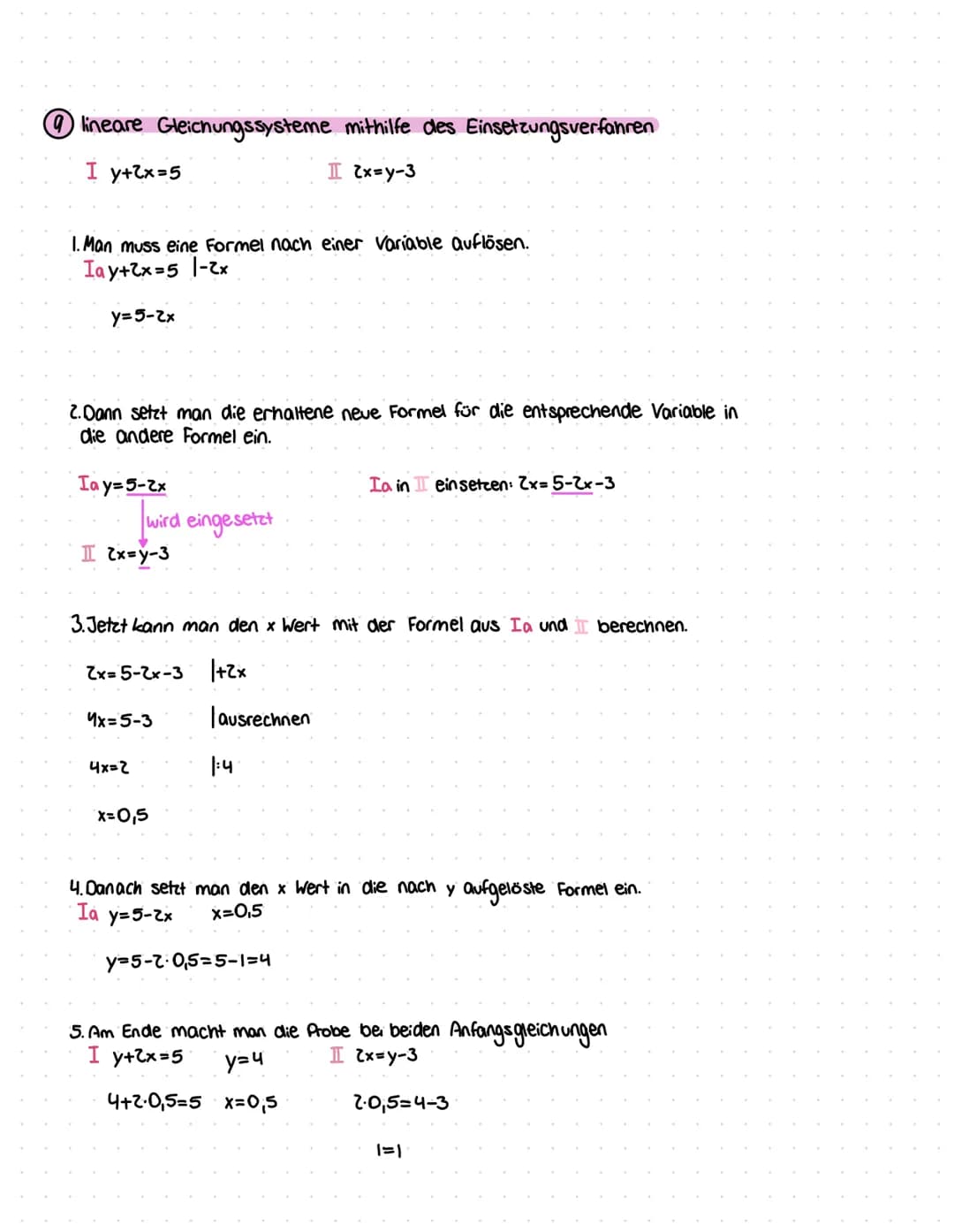 Ⓒlineare Gleichungssysteme mithilfe des Einsetzungsverfahren
I 2x=y-3
I y+2x=5
1. Man muss eine Formel nach einer Variable auflösen.
Tay+2x=