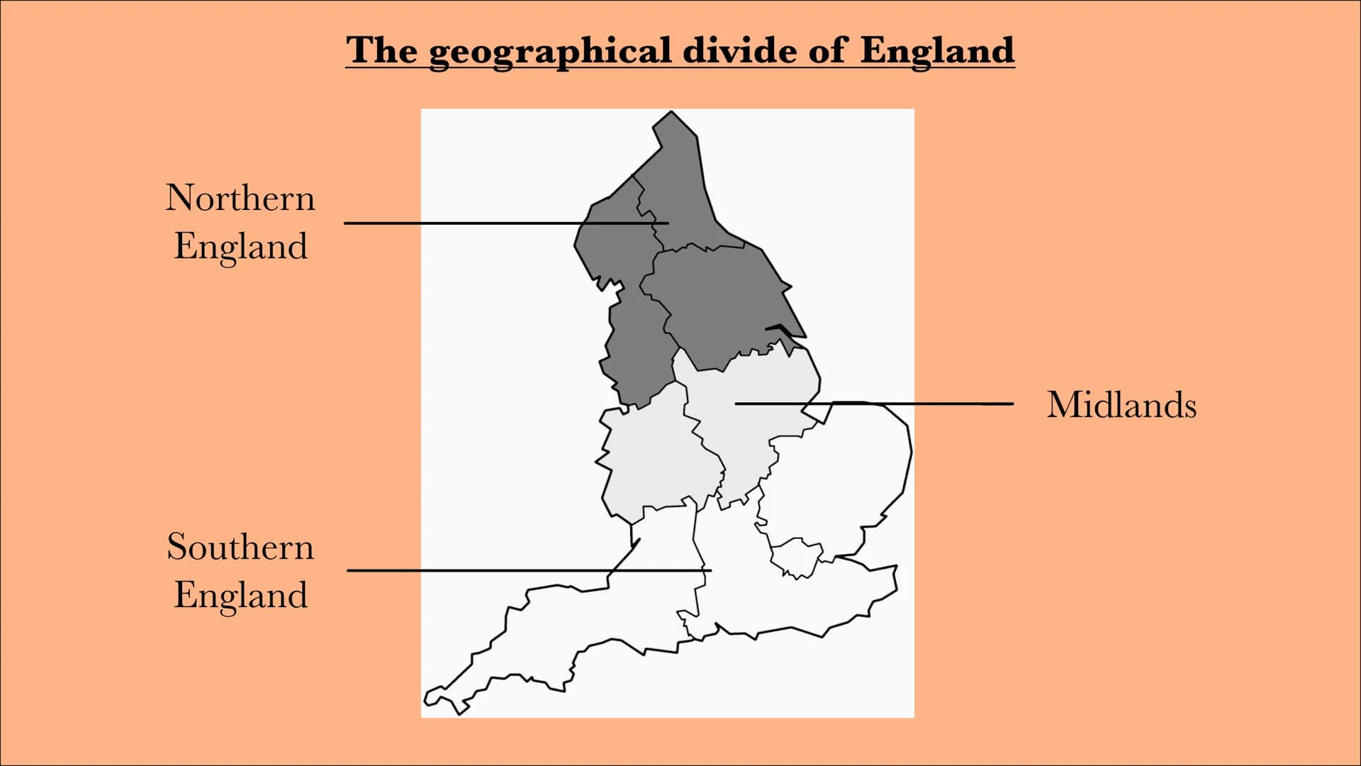 England's
North-South
divide Northern
England
Southern
England
The geographical divide of England
Midlands north-south divide
refers to the 