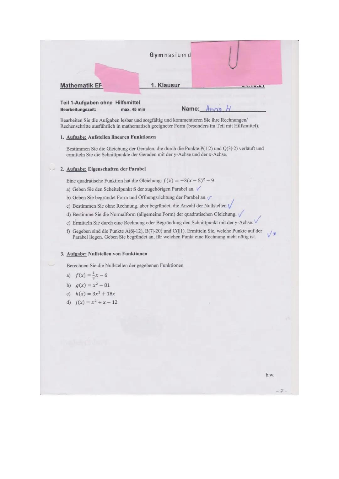 Bewertungsbogen zur 1. Mathematikarbeit am 4.10.2021
Name: 
Anna
orderungen

|       | Max   | Pkt.  | Pkt. |
| :---- | :---- | :---- | :---