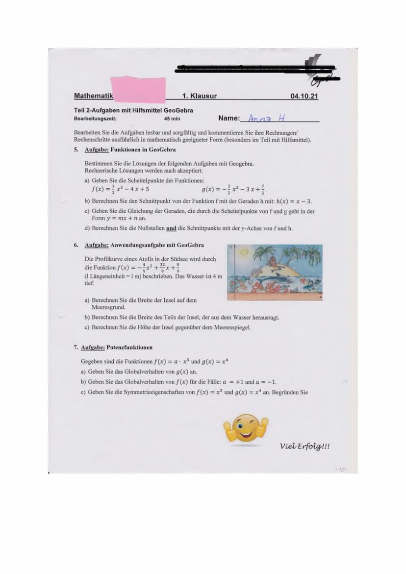 Bewertungsbogen zur 1. Mathematikarbeit am 4.10.2021
Name: Au
Aufgabe 1
Ay
-2-2
1. Berechnet m = (1P) = 22² =−=−2 (1P)
3-1
2. Setzt P ein y 