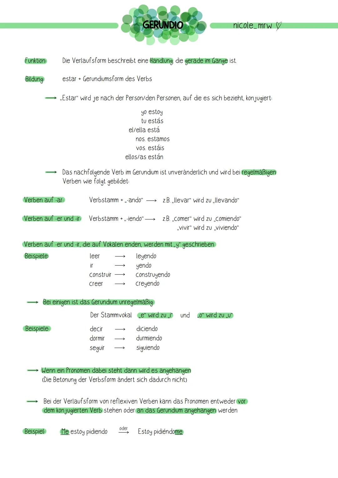 # GERUNDIO

nicole_mrw

Funktion

Die Verlaufsform beschreibt eine Handlung, die gerade im Gange ist.

Bildung

estar + Gerundiumsform des V