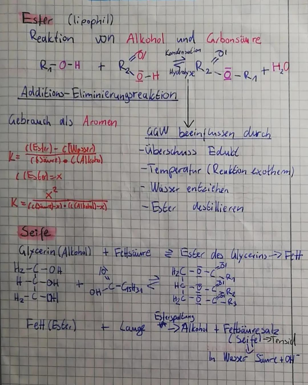 Ester (lipophil)
Reaktion
R₁-O-H
Additions-Eliminierungsreaktion
Gebrauch als Aromen
((Ester) - (Wasser)
((Säure) ((Allcoba)
((E60)=x
von Al