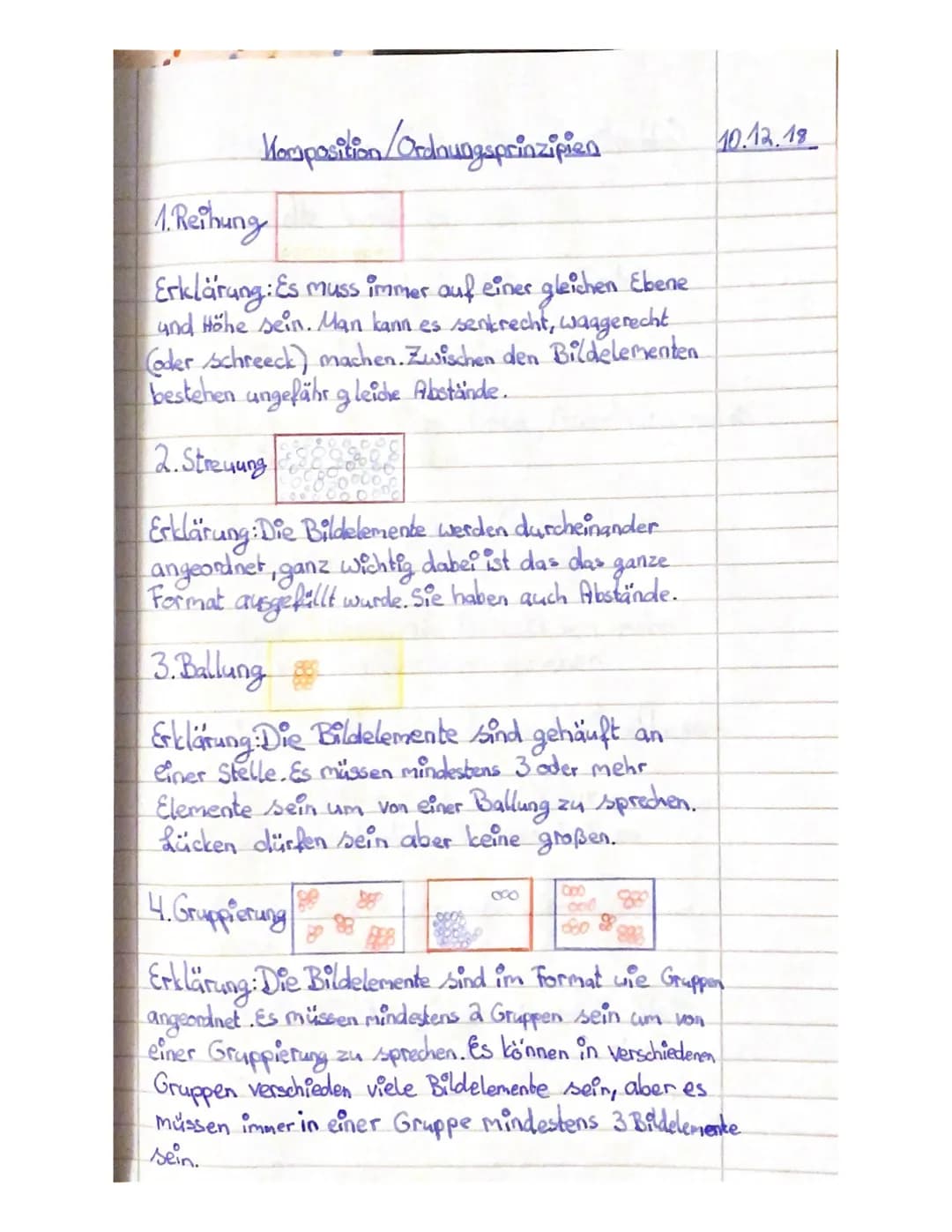 Komposition /Ordnungsprinzipien
1. Reihung
Erklärung: Es muss immer auf einer gleichen Ebene
and Höhe sein. Man kann es senkrecht, waagerech