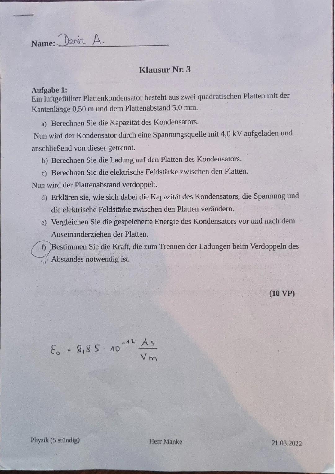 Kondensator [Ladung, Spannung, Kapazität, Feldstärke, Energie, el.Kraft ...]