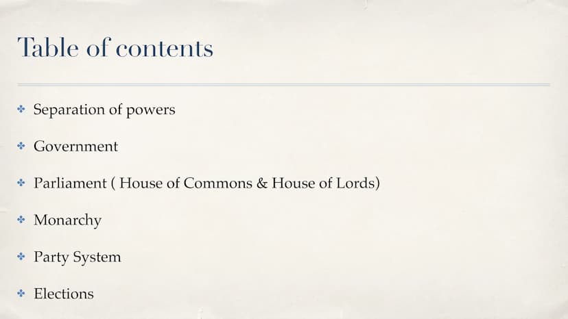 V
S
The political system in the UK
presentation by Laura N
Datum Table of contents
* Separation of powers
Government
Parliament (House of Co